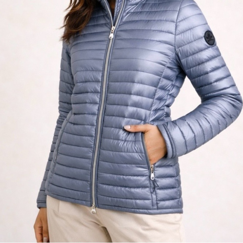 Save The Duck Alexa Italian Minimalist Continuous-Zip Hood Puffer Sz M Ice blue
